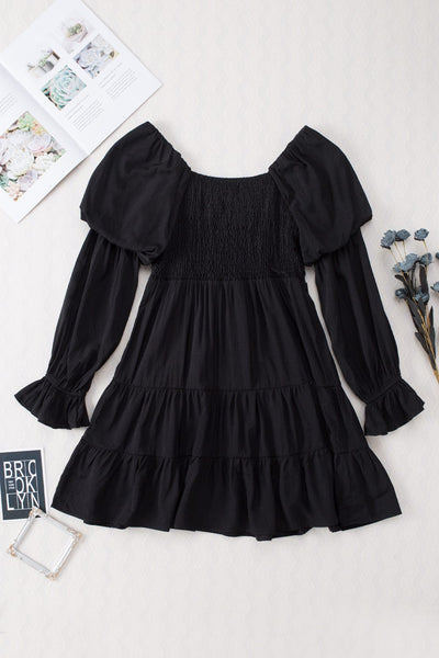 Women's Bohemian Black Ruffled Mini Dress with Smocked Details