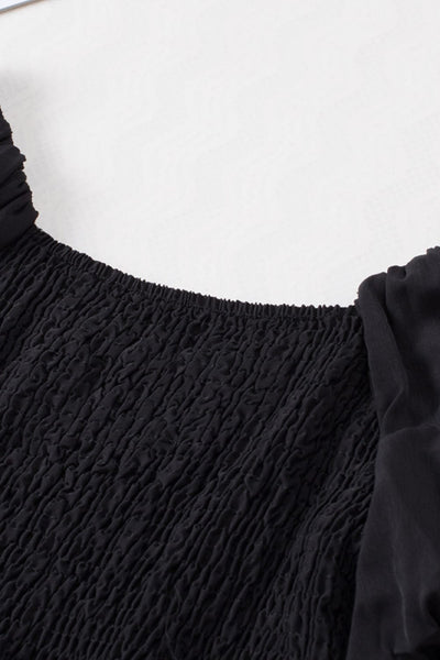 Women's Bohemian Black Ruffled Mini Dress with Smocked Details