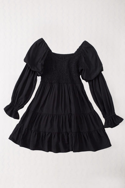 Women's Bohemian Black Ruffled Mini Dress with Smocked Details