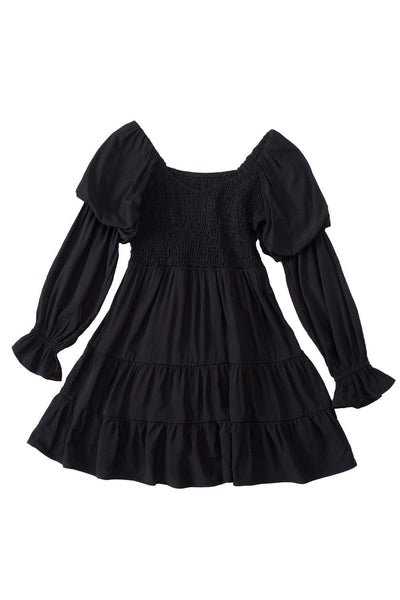Women's Bohemian Black Ruffled Mini Dress with Smocked Details