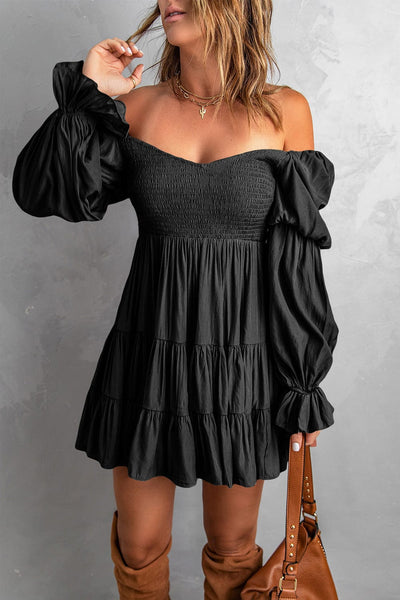 Women's Bohemian Black Ruffled Mini Dress with Smocked Details