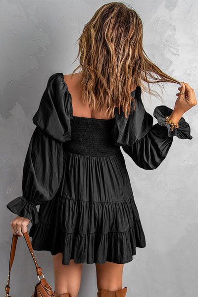 Women's Bohemian Black Ruffled Mini Dress with Smocked Details