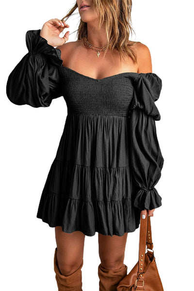 Women's Bohemian Black Ruffled Mini Dress with Smocked Details