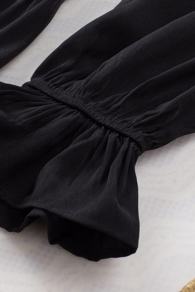 Women's Bohemian Black Ruffled Mini Dress with Smocked Details