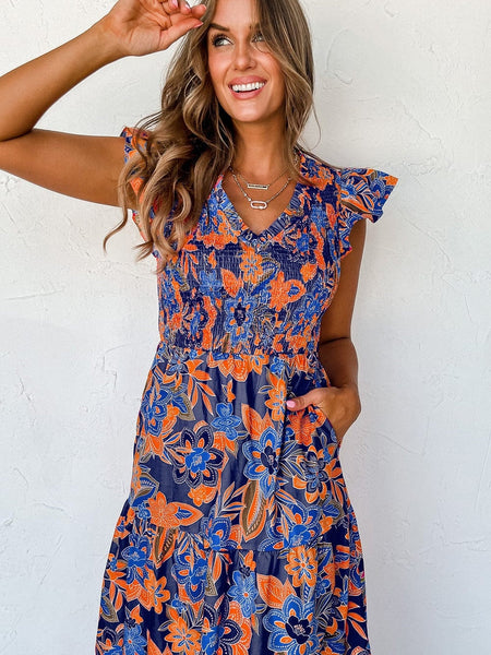 V-Neck Smocked Waist Maxi Dress