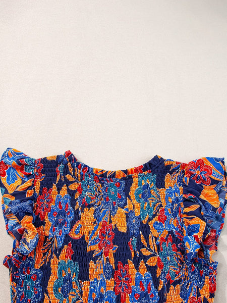 Bohemian Blue Floral V Neck Ruffle Tiered Maxi Dress