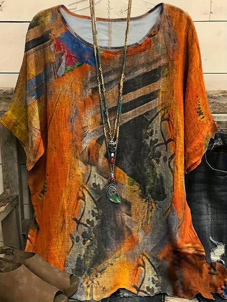 Bohemian Graphic Print Plus Size T-shirt with Stylish Round Neck