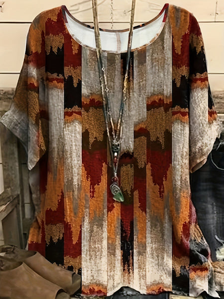 Bohemian Graphic Print Plus Size T-shirt with Stylish Round Neck