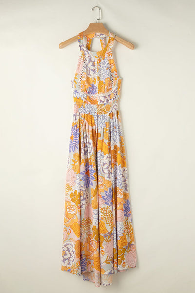 Women's Bohemian Orange Floral Maxi Dress with Backless Detail