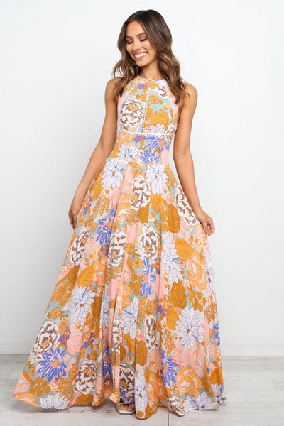Women's Bohemian Orange Floral Maxi Dress with Backless Detail