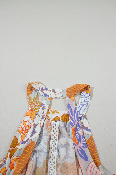 Women's Bohemian Orange Floral Maxi Dress with Backless Detail