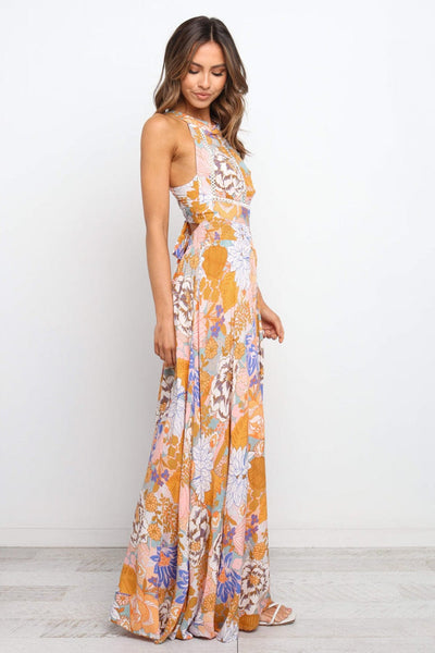 Women's Bohemian Orange Floral Maxi Dress with Backless Detail