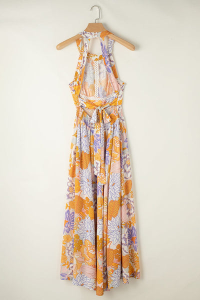 Women's Bohemian Orange Floral Maxi Dress with Backless Detail