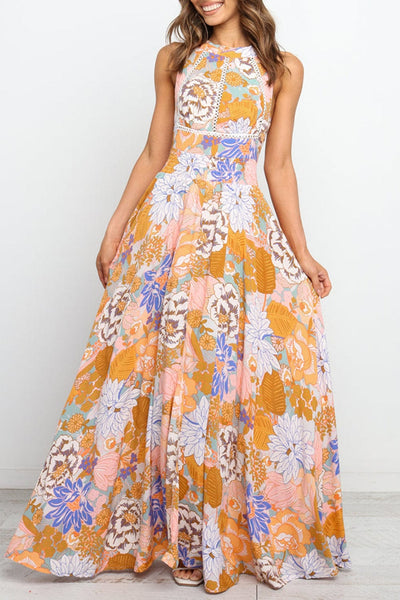 Women's Bohemian Orange Floral Maxi Dress with Backless Detail