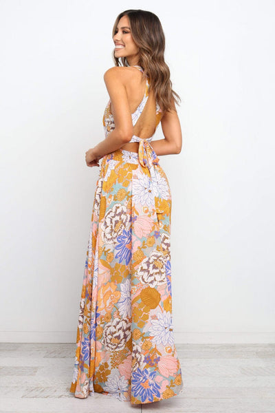 Women's Bohemian Orange Floral Maxi Dress with Backless Detail