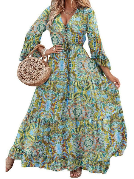 Women's Retro Paisley V-Neck Tiered Maxi Dress with Flared Sleeves