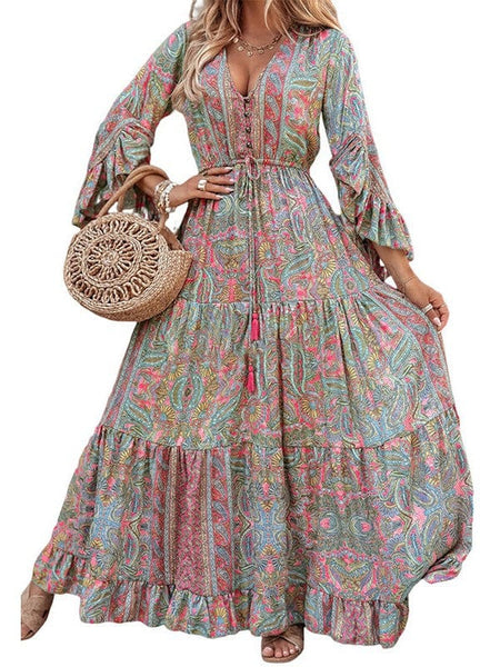 Women's Retro Paisley V-Neck Tiered Maxi Dress with Flared Sleeves