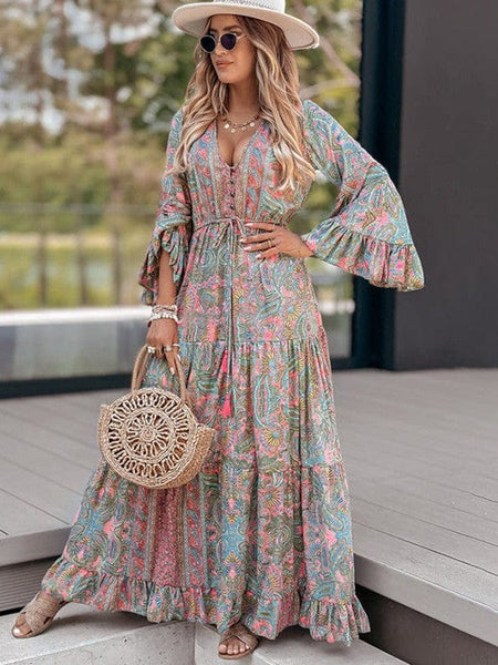 Women's Retro Paisley V-Neck Tiered Maxi Dress with Flared Sleeves