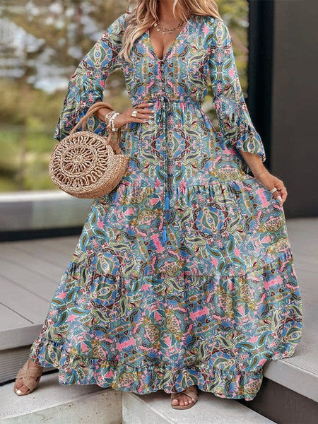 Women's Retro Paisley V-Neck Tiered Maxi Dress with Flared Sleeves
