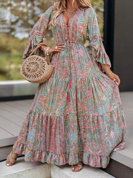 Women's Retro Paisley V-Neck Tiered Maxi Dress with Flared Sleeves