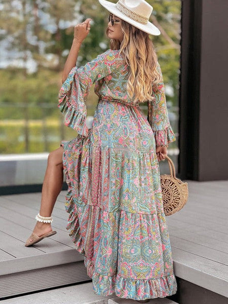 Women's Retro Paisley V-Neck Tiered Maxi Dress with Flared Sleeves