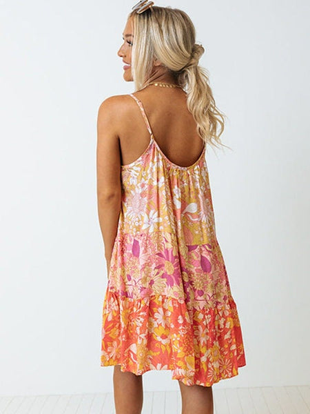 Floral Print Suspender Chiffon Seaside Beach Dress