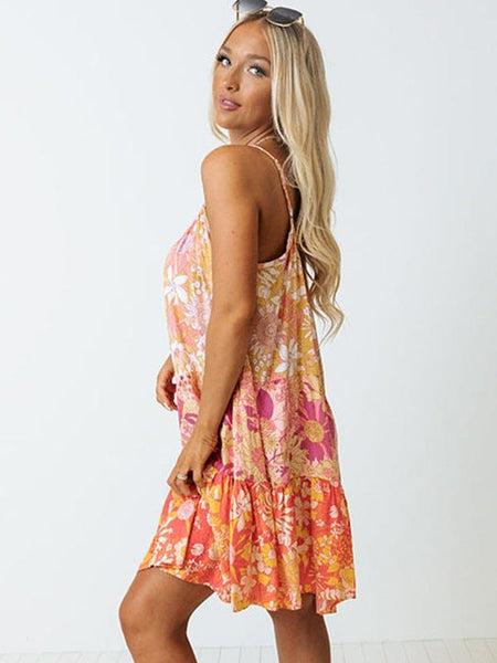 Floral Print Suspender Chiffon Seaside Beach Dress