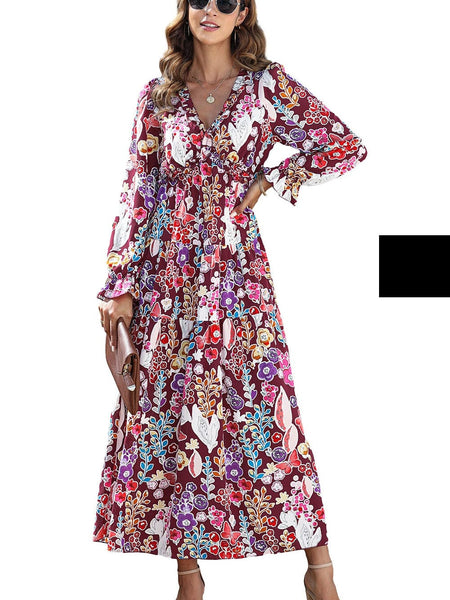 Plus Size Casual Tank Dress, Women's Plus Colorblock Floral Print Cut Out Round Neck Medium Stretch Maxi Tank Dress