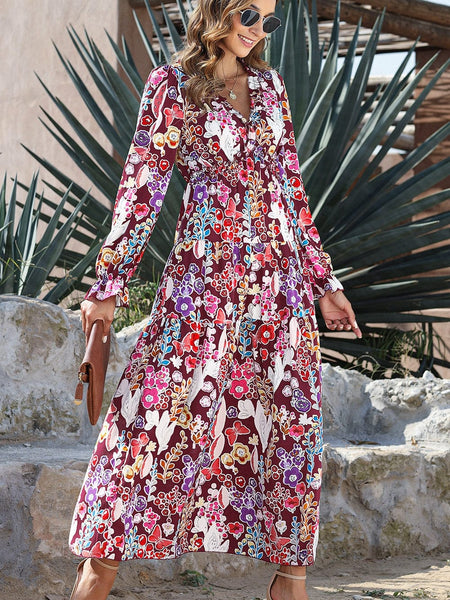 Plus Size Casual Tank Dress, Women's Plus Colorblock Floral Print Cut Out Round Neck Medium Stretch Maxi Tank Dress