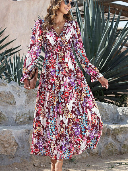 Plus Size Casual Tank Dress, Women's Plus Colorblock Floral Print Cut Out Round Neck Medium Stretch Maxi Tank Dress