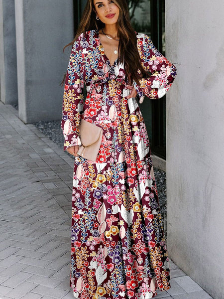 Plus Size Casual Tank Dress, Women's Plus Colorblock Floral Print Cut Out Round Neck Medium Stretch Maxi Tank Dress