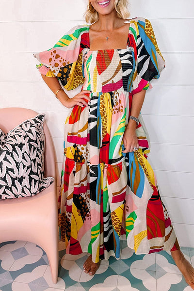 Deep V Neck Lantern Sleeves Slit Dress