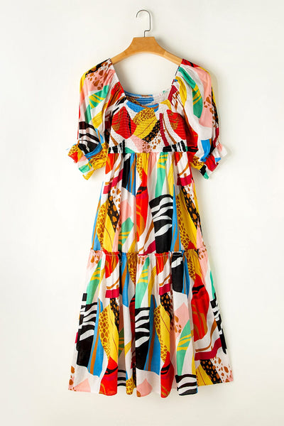 Deep V Neck Lantern Sleeves Slit Dress