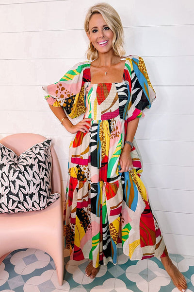 Deep V Neck Lantern Sleeves Slit Dress