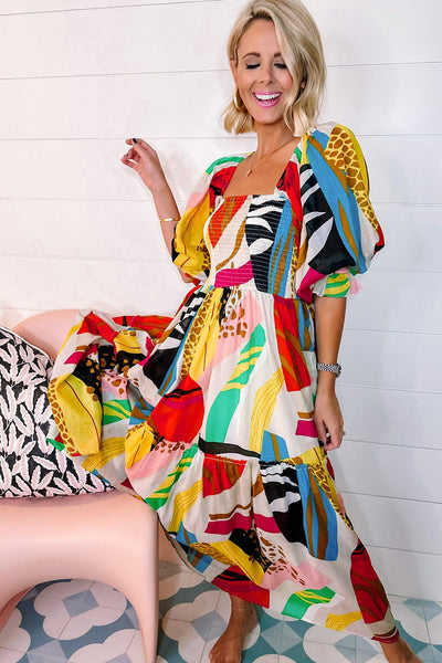 Deep V Neck Lantern Sleeves Slit Dress