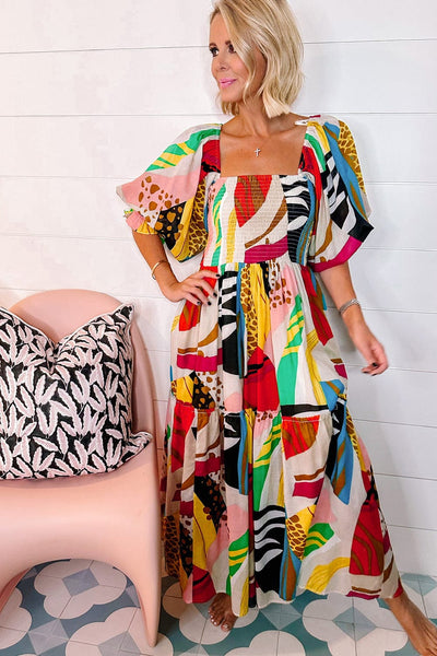 Deep V Neck Lantern Sleeves Slit Dress