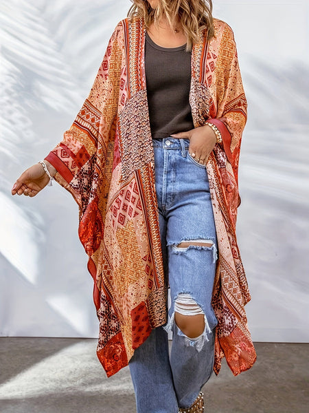Women's Boho Aztec Print Bat Sleeve Plus Size Cardigan