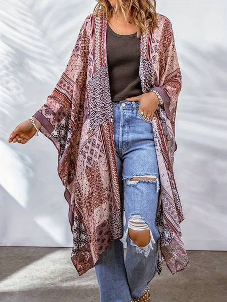 Women's Boho Aztec Print Bat Sleeve Plus Size Cardigan