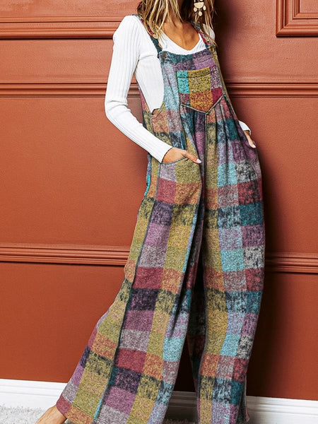 Women's Boho Chic Multicolor Checkered Wide Leg Jumpsuit