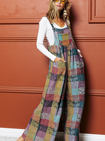Women's Boho Chic Multicolor Checkered Wide Leg Jumpsuit