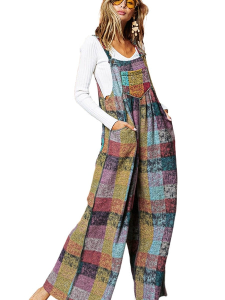 Women's Boho Chic Multicolor Checkered Wide Leg Jumpsuit