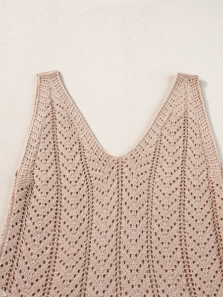 Boho-Chic Pale Khaki Crochet Knit V Neck Sweater Vest
