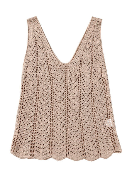 Boho-Chic Pale Khaki Crochet Knit V Neck Sweater Vest