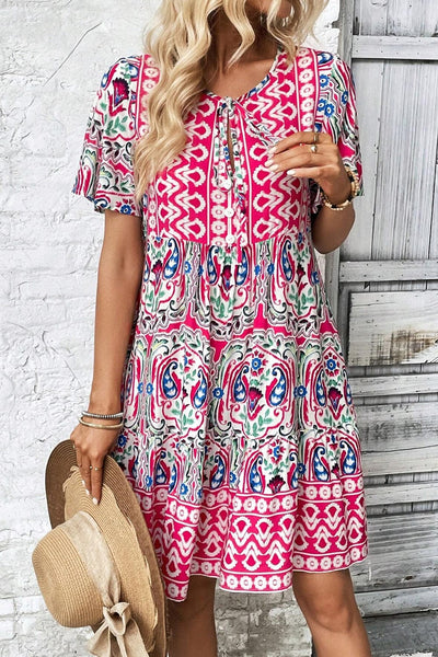 Bohemian V-Neck Short Sleeve Mini Dress
