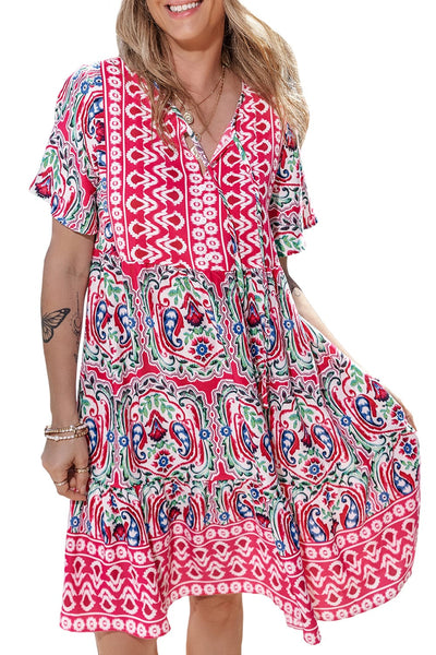 Bohemian V-Neck Short Sleeve Mini Dress