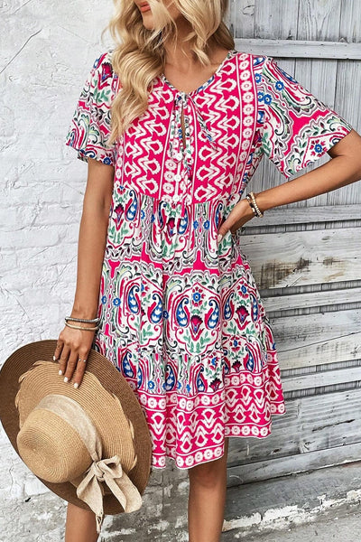 Bohemian V-Neck Short Sleeve Mini Dress