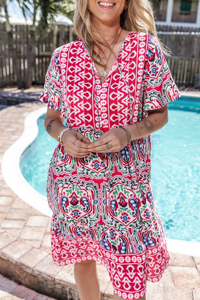 Bohemian V-Neck Short Sleeve Mini Dress