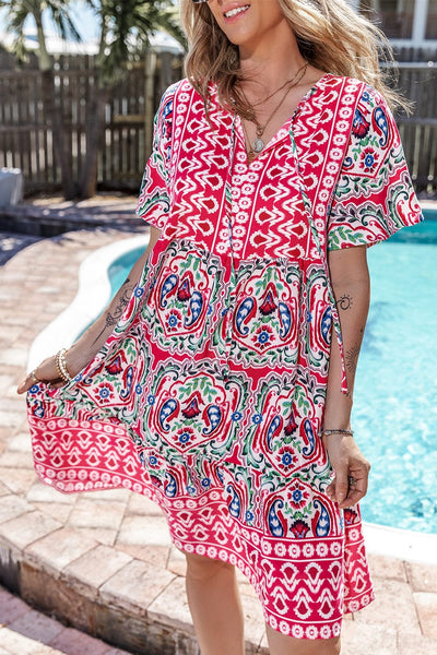 Bohemian V-Neck Short Sleeve Mini Dress