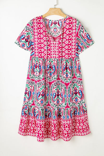 Bohemian V-Neck Short Sleeve Mini Dress