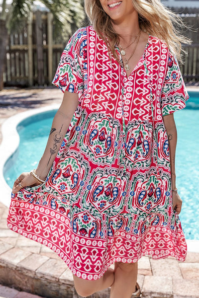 Bohemian V-Neck Short Sleeve Mini Dress